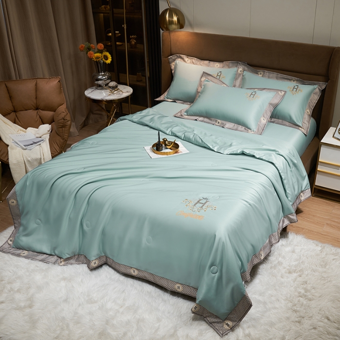 91家纺网 家纺一手货源 找家纺 露梦 2025轻奢千鸟格水洗真丝数码印花宽边刺绣夏被四件套 格调-水绿
