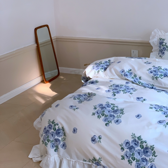 91家纺网 家纺一手货源 找家纺 昔可2022新款复古花花边四件套法式蓝玫瑰