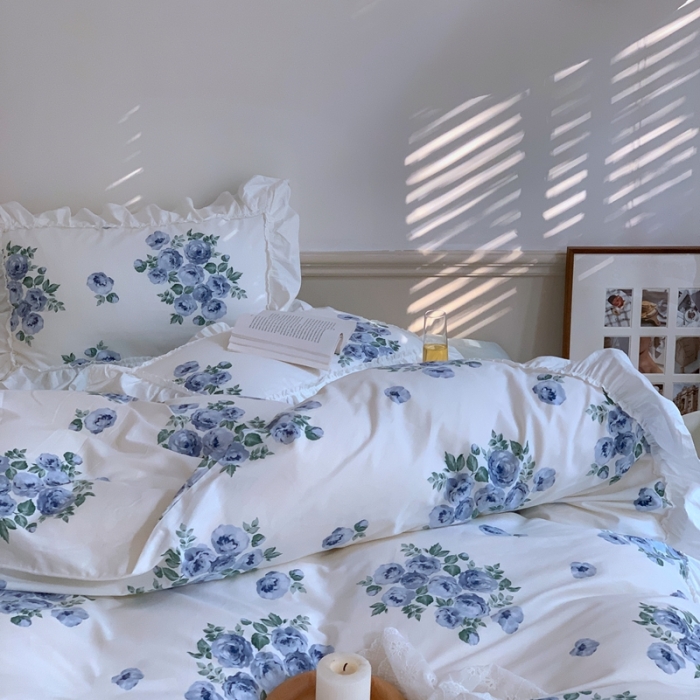 91家纺网 家纺一手货源 找家纺 昔可2022新款复古花花边四件套法式蓝玫瑰