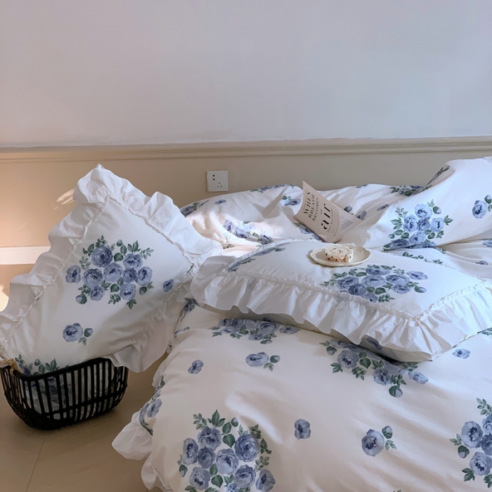 91家纺网 家纺一手货源 找家纺 昔可2022新款复古花花边四件套法式蓝玫瑰