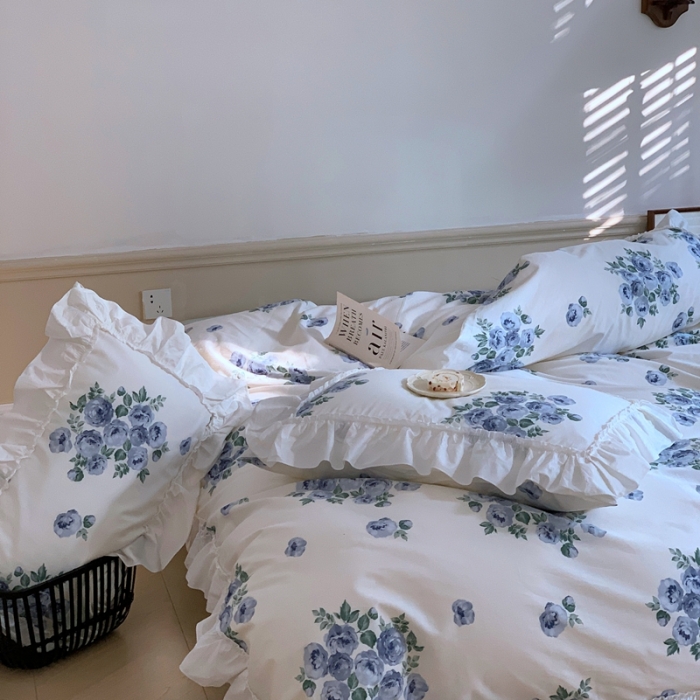 91家纺网 家纺一手货源 找家纺 昔可2022新款复古花花边四件套法式蓝玫瑰