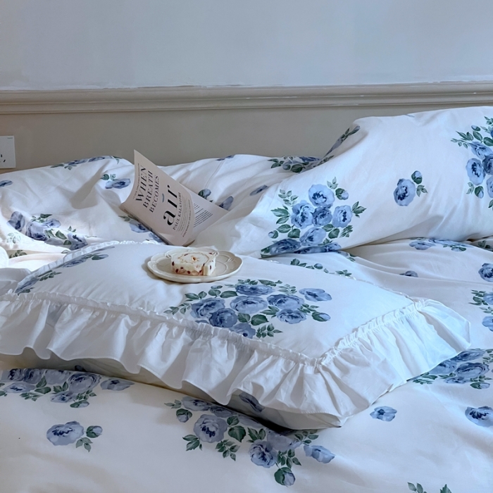 91家纺网 家纺一手货源 找家纺 昔可2022新款复古花花边四件套法式蓝玫瑰