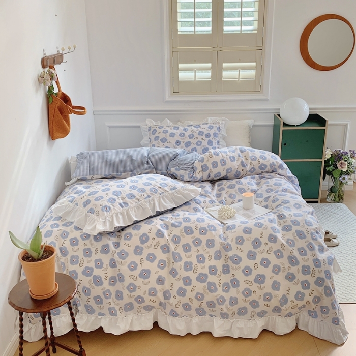 91家纺网 家纺一手货源 找家纺 昔可2022新款复古花花边四件套 蓝色花海