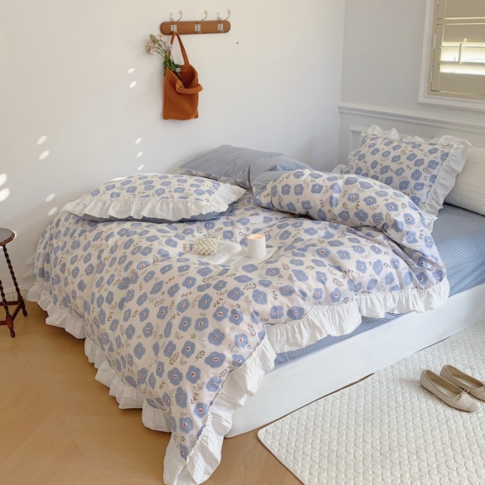 91家纺网 家纺一手货源 找家纺 昔可2022新款复古花花边四件套 蓝色花海