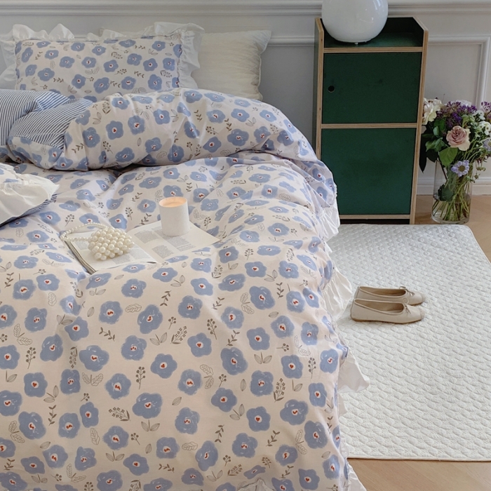 91家纺网 家纺一手货源 找家纺 昔可2022新款复古花花边四件套 蓝色花海