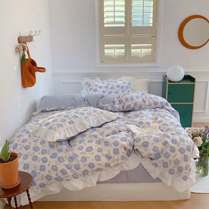 91家纺网 家纺一手货源 找家纺 昔可2022新款复古花花边四件套 蓝色花海