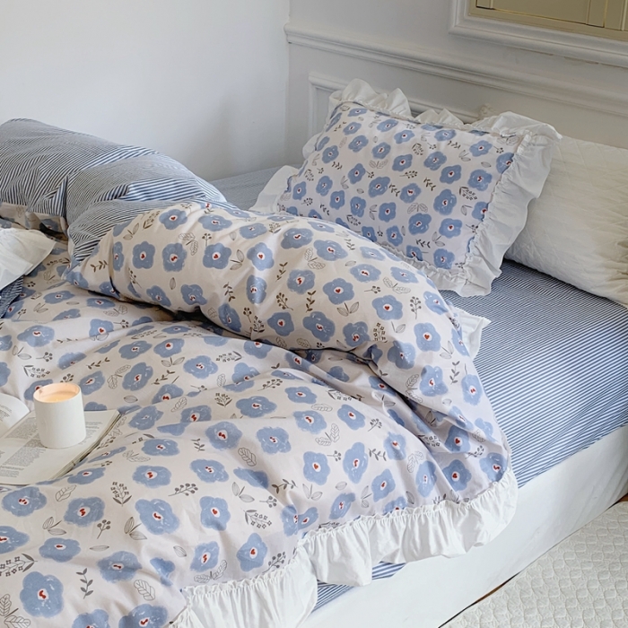 91家纺网 家纺一手货源 找家纺 昔可2022新款复古花花边四件套 蓝色花海