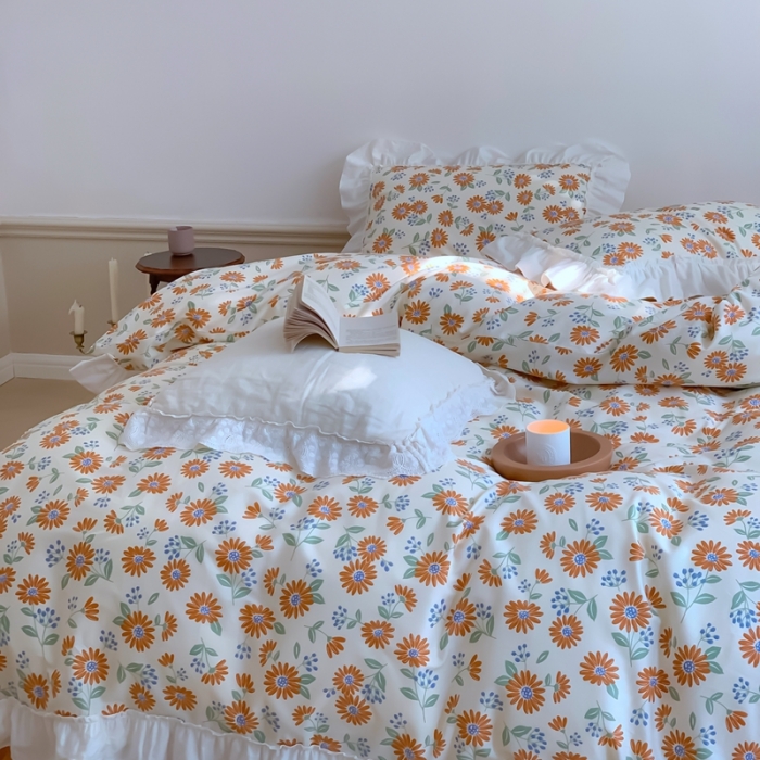 91家纺网 家纺一手货源 找家纺 昔可2022新款复古花花边四件套落日小野菊