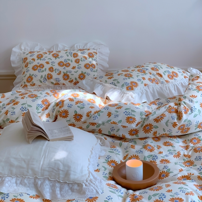 91家纺网 家纺一手货源 找家纺 昔可2022新款复古花花边四件套落日小野菊