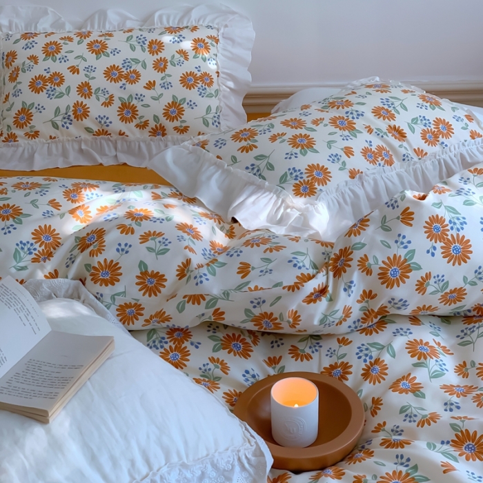 91家纺网 家纺一手货源 找家纺 昔可2022新款复古花花边四件套落日小野菊