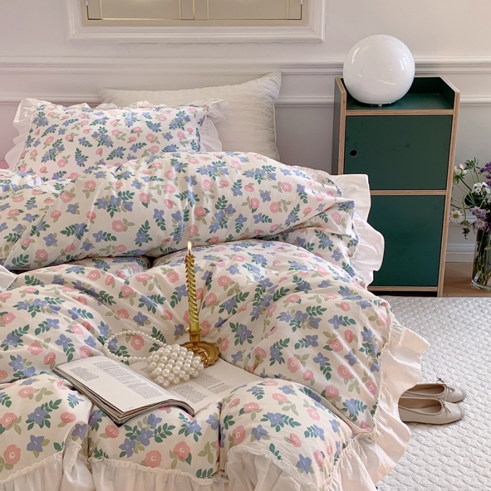 91家纺网 家纺一手货源 找家纺 昔可2022新款复古花花边四件套 奶油花香