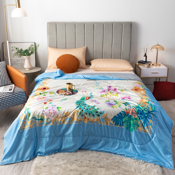 91家纺网 家纺一手货源 找家纺 2025 爱宝被业直播爆款凉感丝夏被夏凉被 春色满园-蓝