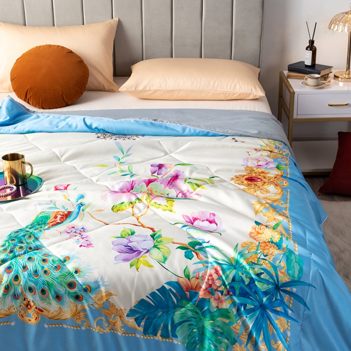 91家纺网 家纺一手货源 找家纺 2025 爱宝被业直播爆款凉感丝夏被夏凉被 春色满园-蓝