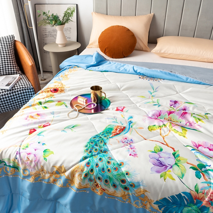 91家纺网 家纺一手货源 找家纺 2025 爱宝被业直播爆款凉感丝夏被夏凉被 春色满园-蓝