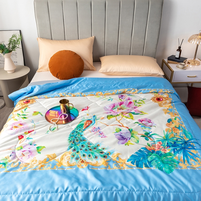 91家纺网 家纺一手货源 找家纺 2025 爱宝被业直播爆款凉感丝夏被夏凉被 春色满园-蓝