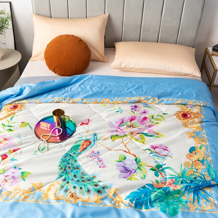 91家纺网 家纺一手货源 找家纺 2025 爱宝被业直播爆款凉感丝夏被夏凉被 春色满园-蓝