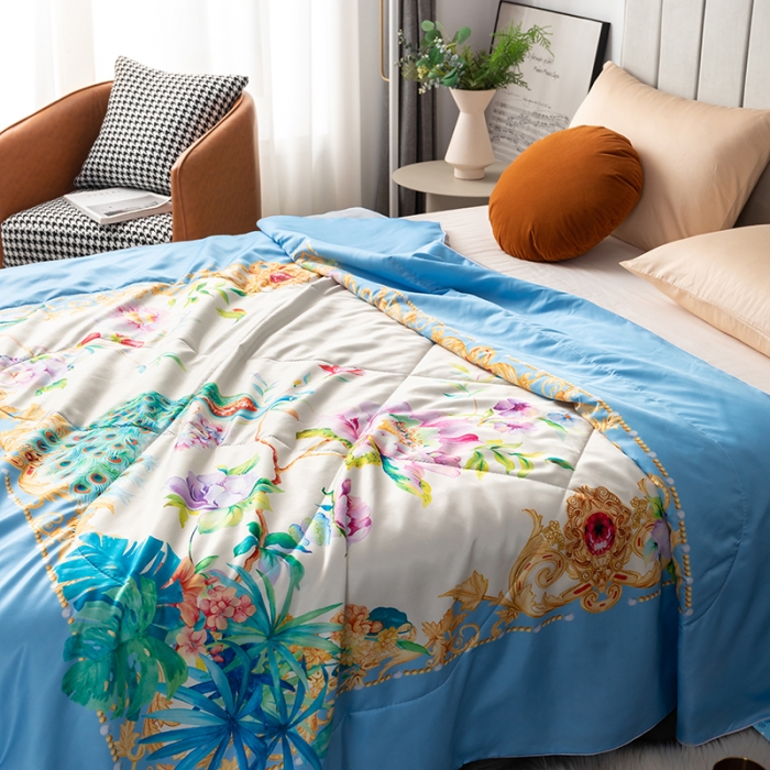 91家纺网 家纺一手货源 找家纺 2025 爱宝被业直播爆款凉感丝夏被夏凉被 春色满园-蓝