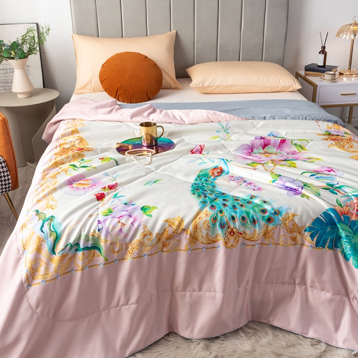 91家纺网 家纺一手货源 找家纺 2025 爱宝被业直播爆款凉感丝夏被夏凉被 春色满园-粉