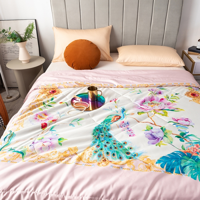 91家纺网 家纺一手货源 找家纺 2025 爱宝被业直播爆款凉感丝夏被夏凉被 春色满园-粉