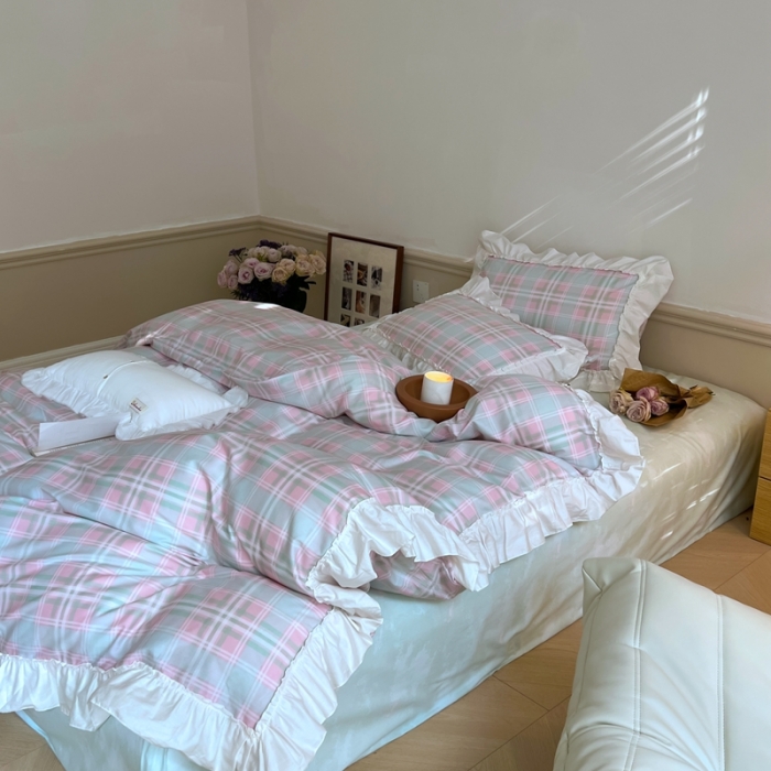 91家纺网 家纺一手货源 找家纺 昔可2022新款花边格子系列四件套 爱丁堡格