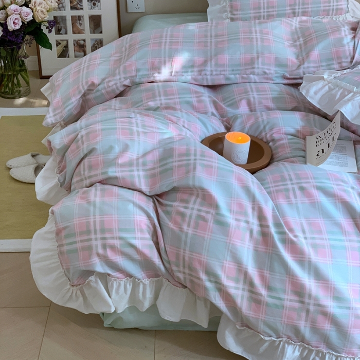 91家纺网 家纺一手货源 找家纺 昔可2022新款花边格子系列四件套 爱丁堡格