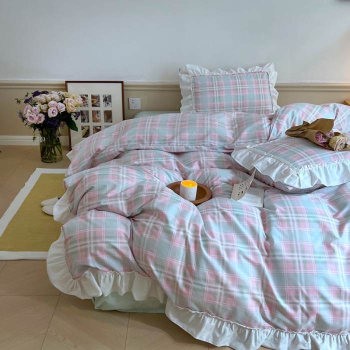 91家纺网 家纺一手货源 找家纺 昔可2022新款花边格子系列四件套 爱丁堡格