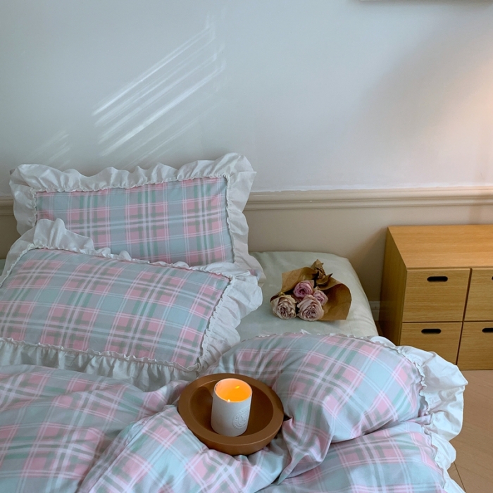 91家纺网 家纺一手货源 找家纺 昔可2022新款花边格子系列四件套 爱丁堡格