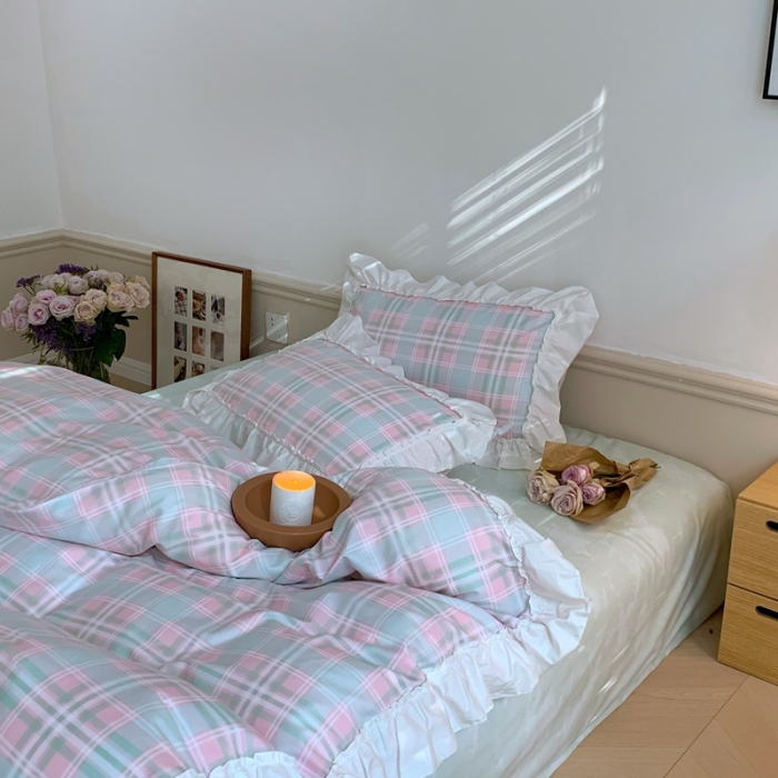 91家纺网 家纺一手货源 找家纺 昔可2022新款花边格子系列四件套 爱丁堡格