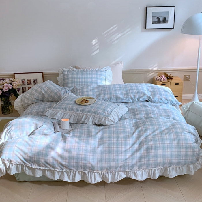 91家纺网 家纺一手货源 找家纺 昔可2022新款花边格子系列四件套 白茶酪酪