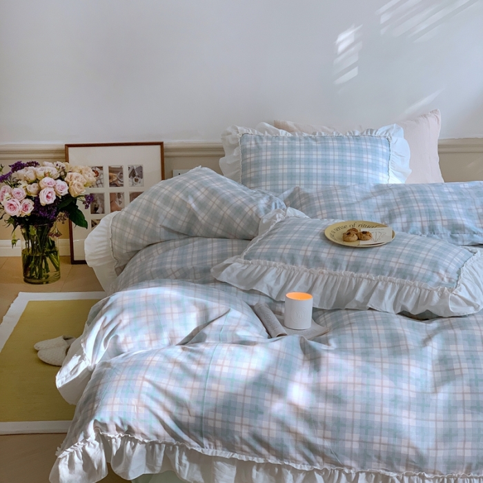 91家纺网 家纺一手货源 找家纺 昔可2022新款花边格子系列四件套 白茶酪酪