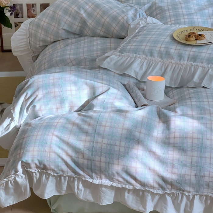 91家纺网 家纺一手货源 找家纺 昔可2022新款花边格子系列四件套 白茶酪酪