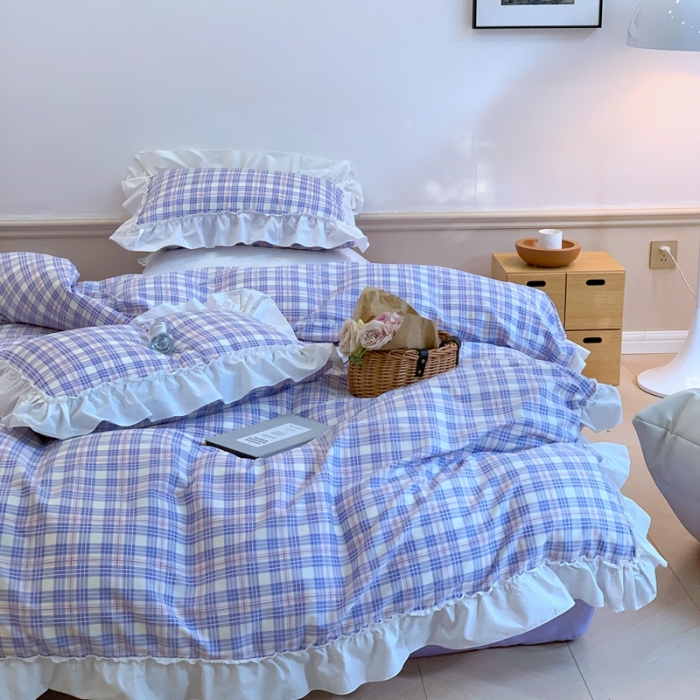 91家纺网 家纺一手货源 找家纺 昔可2022新款花边格子系列四件套 布兰妮紫格