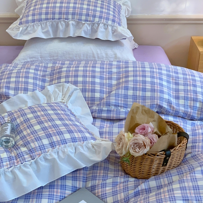 91家纺网 家纺一手货源 找家纺 昔可2022新款花边格子系列四件套 布兰妮紫格