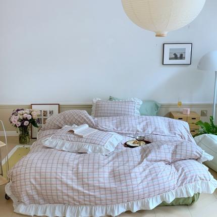 91家纺网 家纺一手货源 找家纺 昔可2022新款花边格子系列四件套 海盐焦糖格