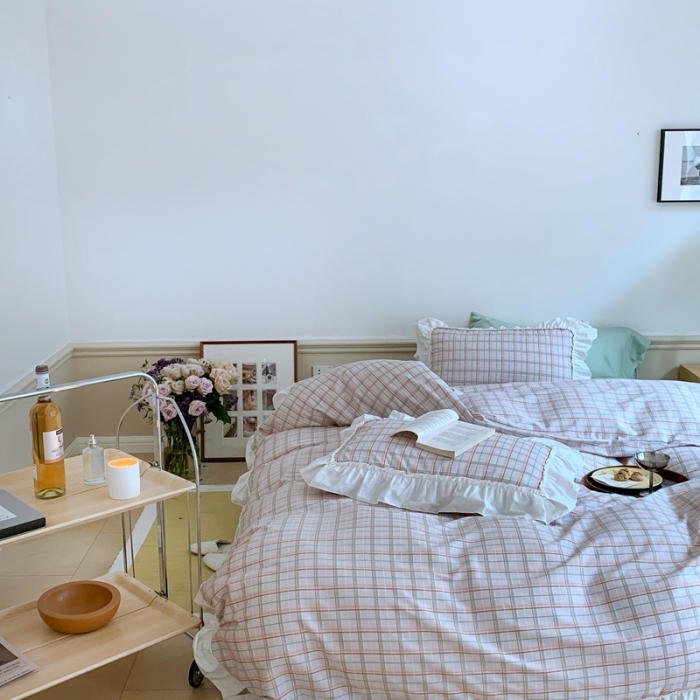 91家纺网 家纺一手货源 找家纺 昔可2022新款花边格子系列四件套 海盐焦糖格