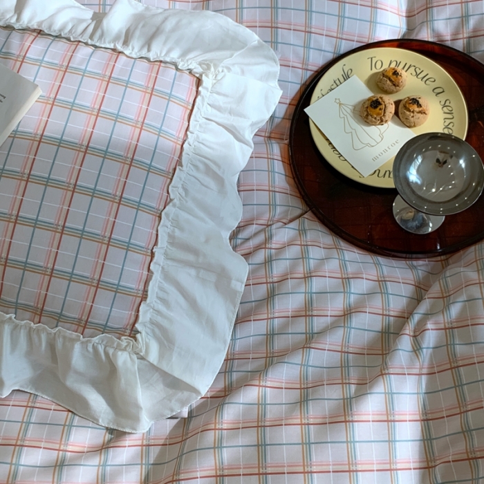 91家纺网 家纺一手货源 找家纺 昔可2022新款花边格子系列四件套 海盐焦糖格