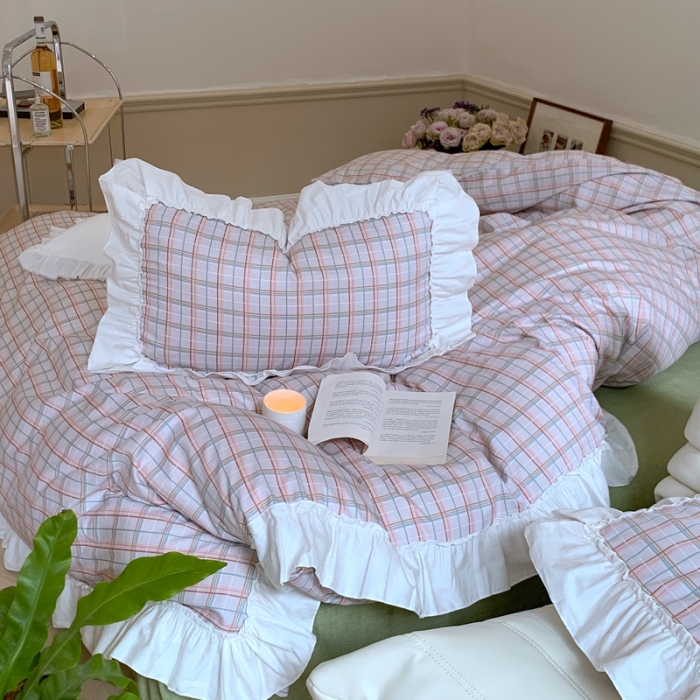 91家纺网 家纺一手货源 找家纺 昔可2022新款花边格子系列四件套 海盐焦糖格