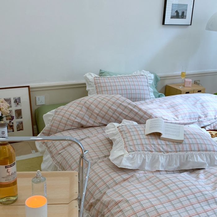 91家纺网 家纺一手货源 找家纺 昔可2022新款花边格子系列四件套 海盐焦糖格