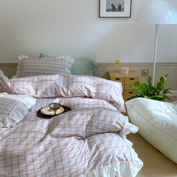 91家纺网 家纺一手货源 找家纺 昔可2022新款花边格子系列四件套 海盐焦糖格