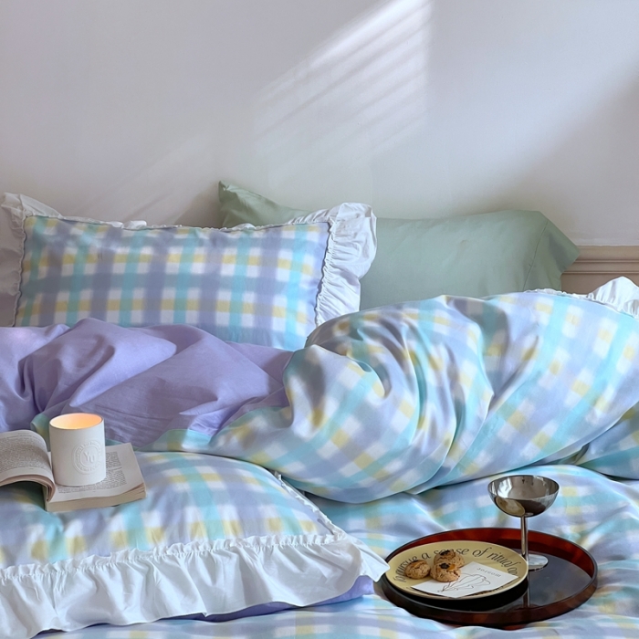 91家纺网 家纺一手货源 找家纺 昔可2022新款花边格子系列四件套 罗马假日紫