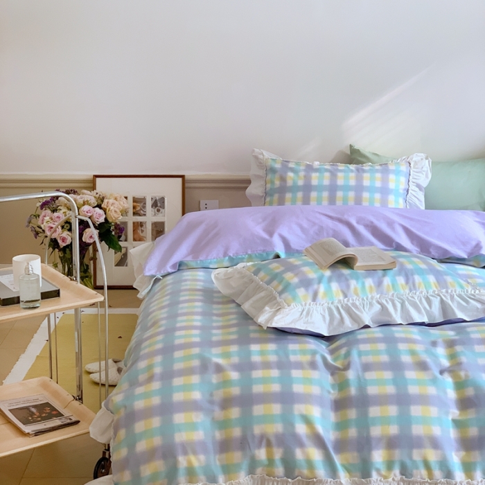 91家纺网 家纺一手货源 找家纺 昔可2022新款花边格子系列四件套 罗马假日紫