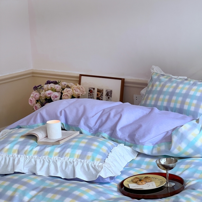 91家纺网 家纺一手货源 找家纺 昔可2022新款花边格子系列四件套 罗马假日紫