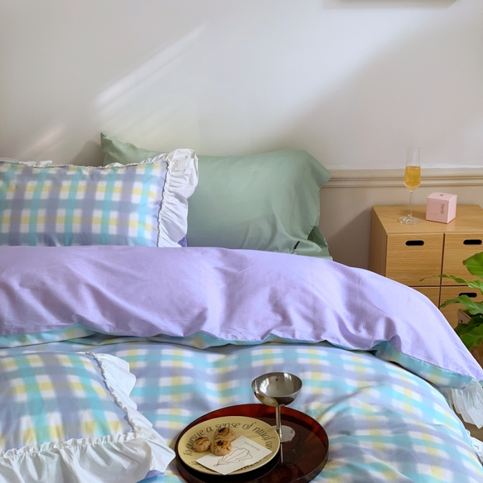 91家纺网 家纺一手货源 找家纺 昔可2022新款花边格子系列四件套 罗马假日紫