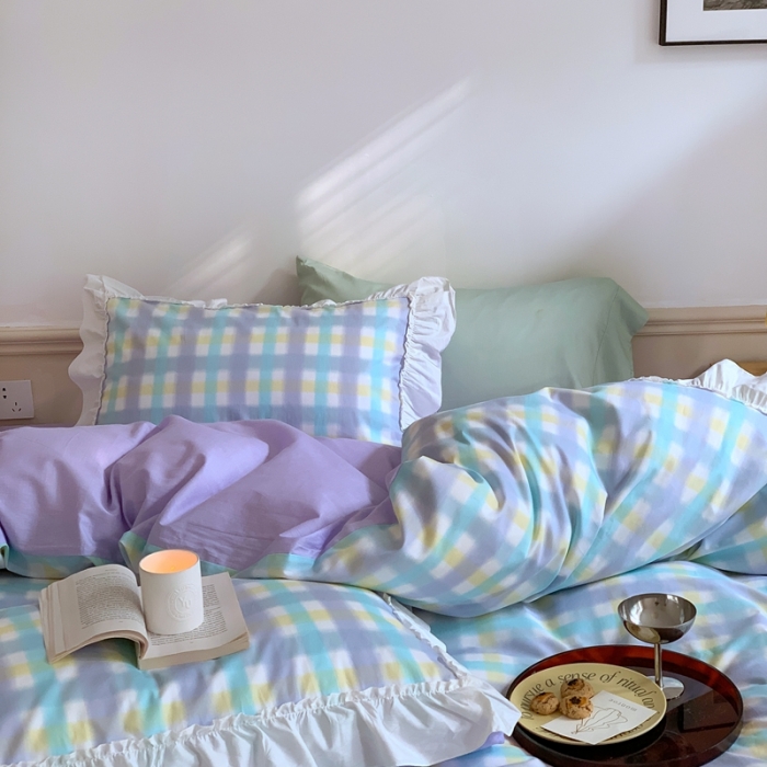 91家纺网 家纺一手货源 找家纺 昔可2022新款花边格子系列四件套 罗马假日紫