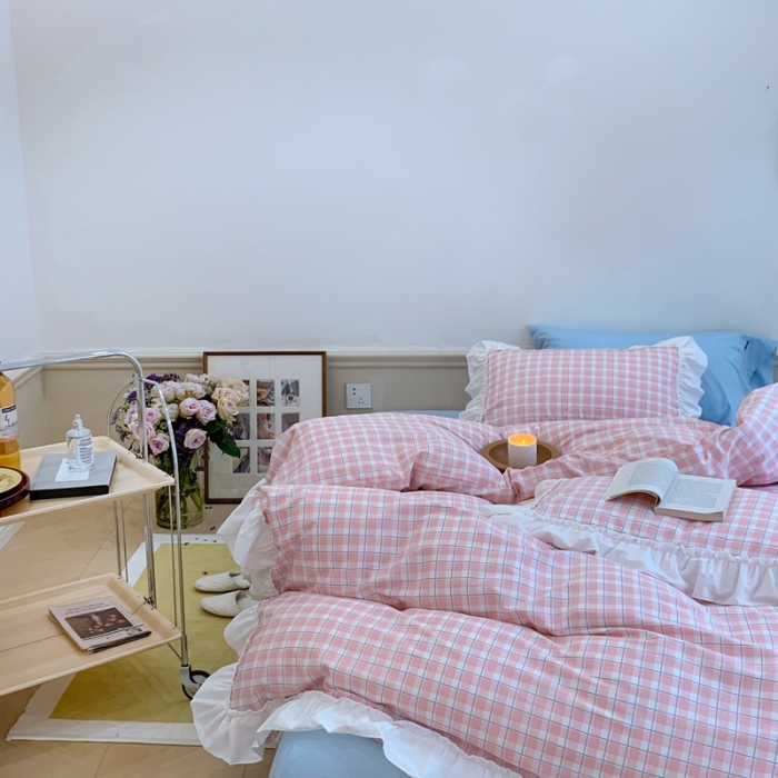 91家纺网 家纺一手货源 找家纺 昔可2022新款花边格子系列四件套 日落粉格