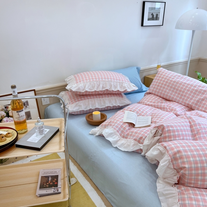 91家纺网 家纺一手货源 找家纺 昔可2022新款花边格子系列四件套 日落粉格