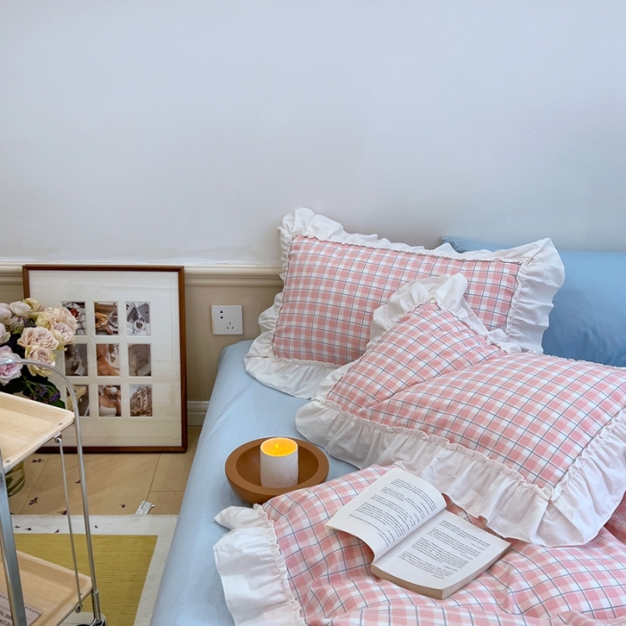 91家纺网 家纺一手货源 找家纺 昔可2022新款花边格子系列四件套 日落粉格