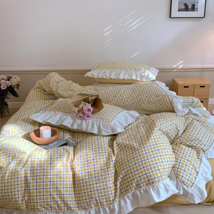昔可2022新款花边格子系列四件套 日落黄格