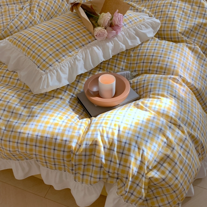 91家纺网 家纺一手货源 找家纺 昔可2022新款花边格子系列四件套 日落黄格