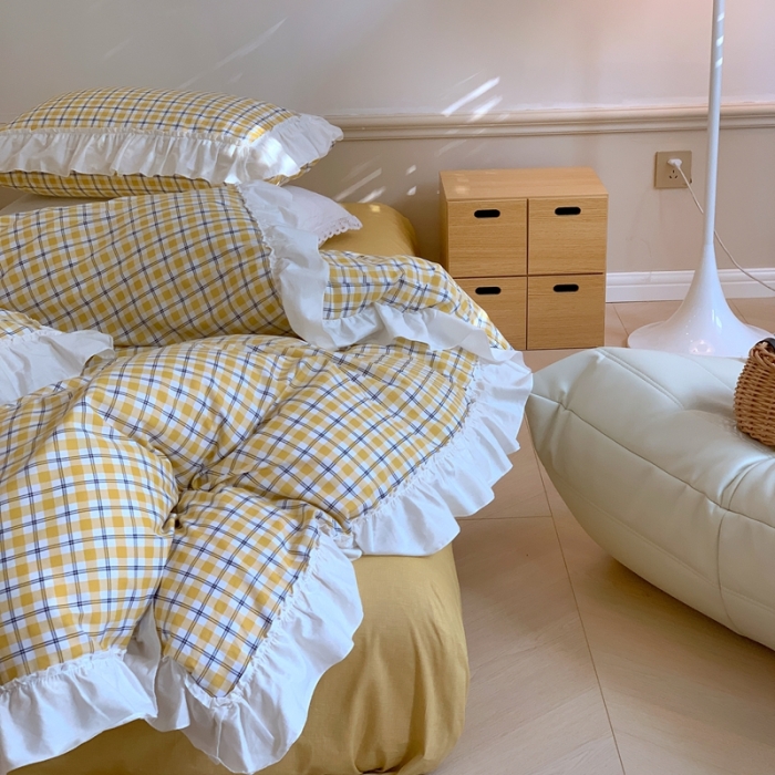 91家纺网 家纺一手货源 找家纺 昔可2022新款花边格子系列四件套 日落黄格